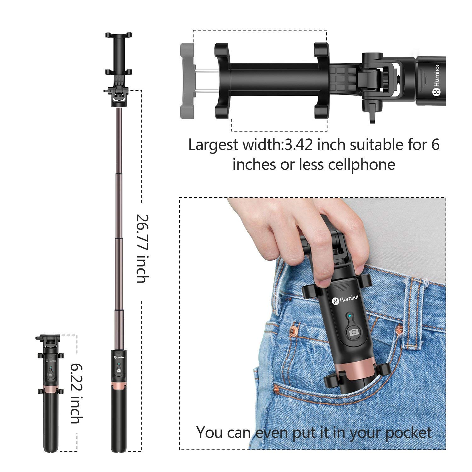 Humixx 2in1 Selfie Stick Wireless Remote Controlled Tripod Widely