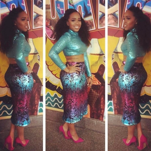 Sexy Women Bodycon Sequined Crop Top Skirt Long Sleeves Slim Gradient