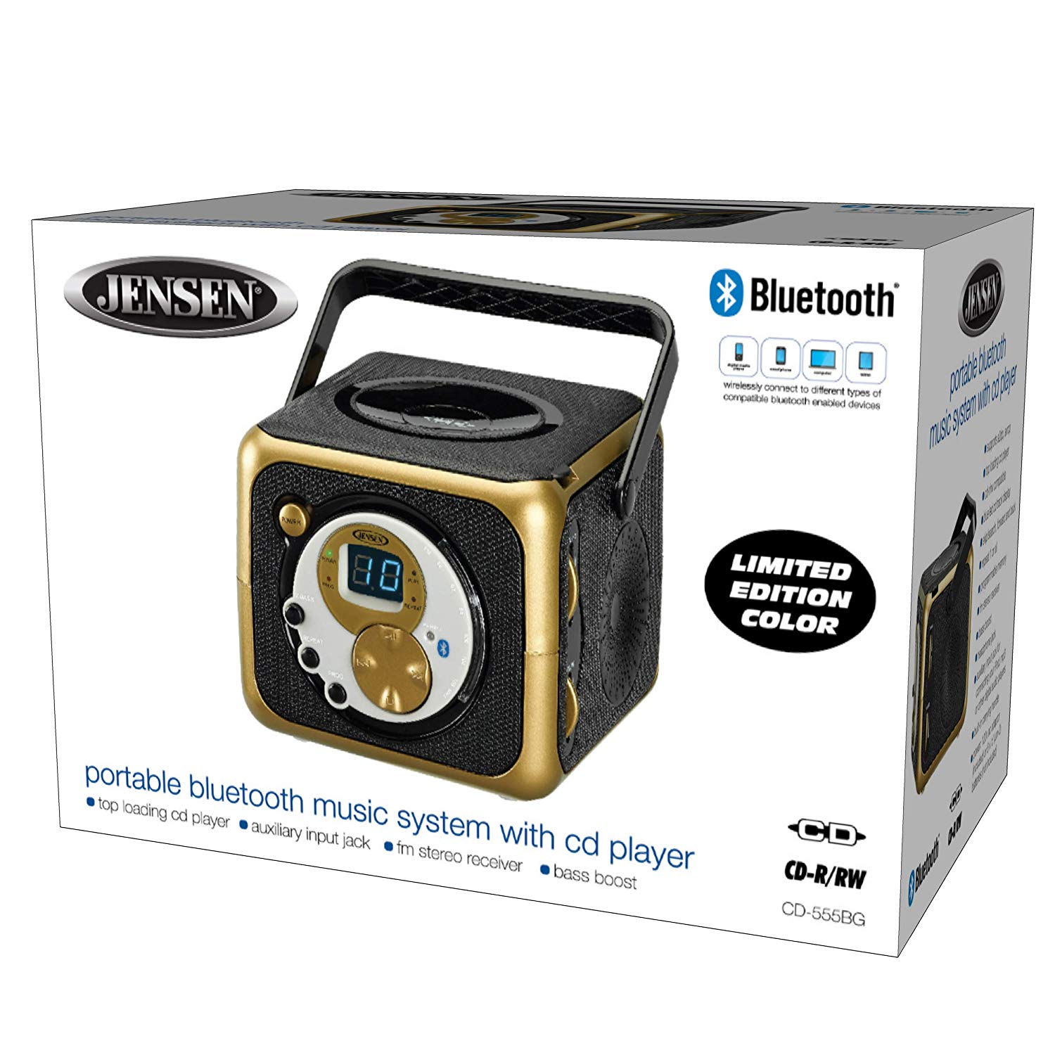 Jensen CD555 White/Silver CD Bluetooth Boombox Portable Bluetooth