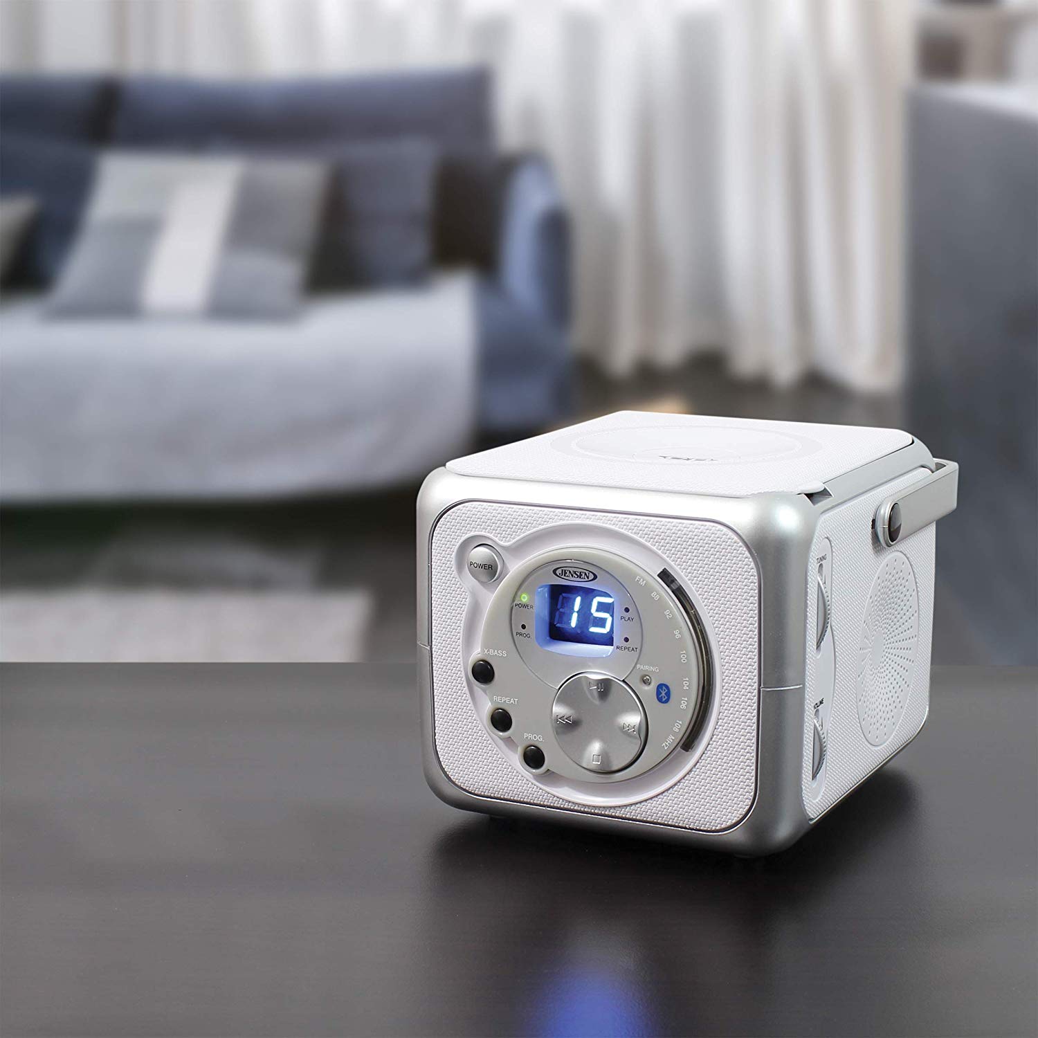 Jensen CD555 White/Silver CD Bluetooth Boombox Portable Bluetooth