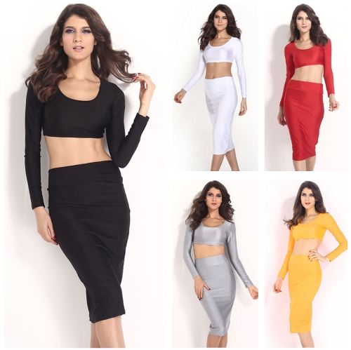 Sexy Women Two Pieces Long Sleeve Bodycon Crop Top Pencil Skirt Dress ...