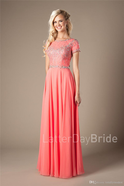 Coral Long Prom Dresses Modest With Short Sleeves Beaded Bodiece ...
