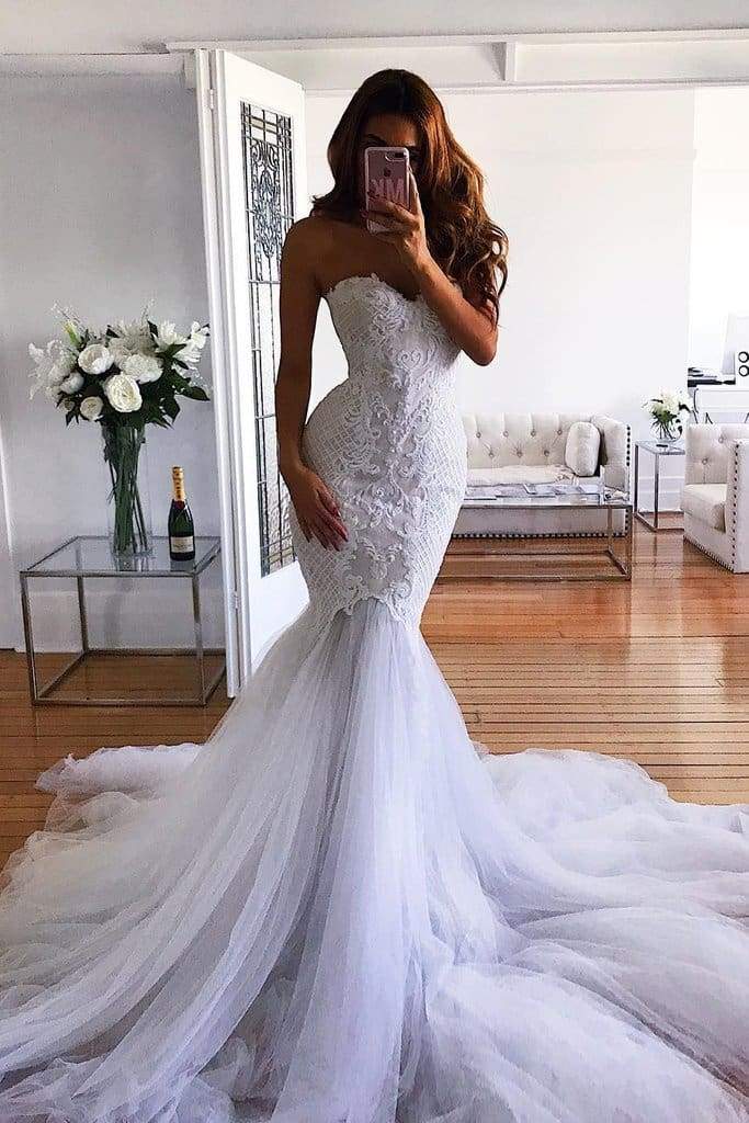 White Cheap Plus Size Mermaid Wedding Dresses With Sleeves